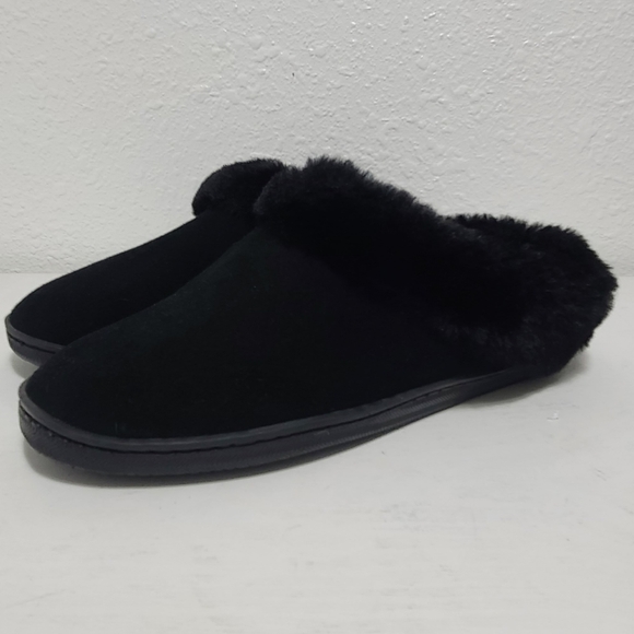 Myslipper slip on black leather faux fur slippers - Picture 3 of 15